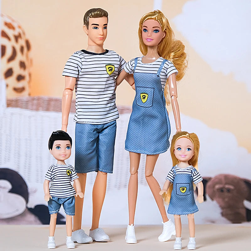 1/6 Barbi Doll Toy Family Doll Set of 4 People Mom Dad Kids 30cm Barbies Doll Full Set With Clothes for Education Birthday Gift
