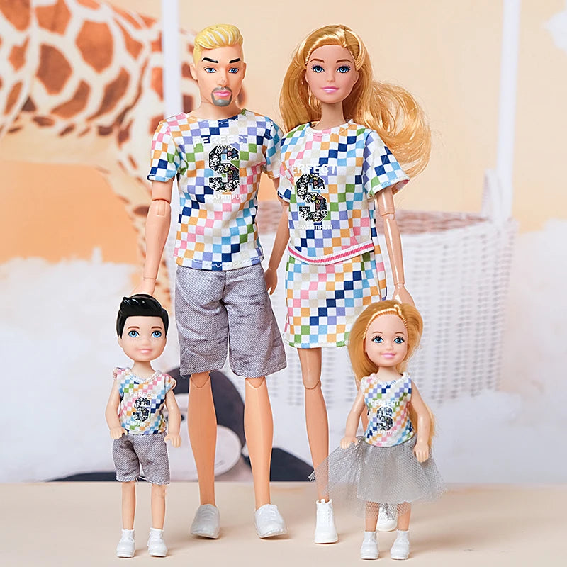 1/6 Barbi Doll Toy Family Doll Set of 4 People Mom Dad Kids 30cm Barbies Doll Full Set With Clothes for Education Birthday Gift