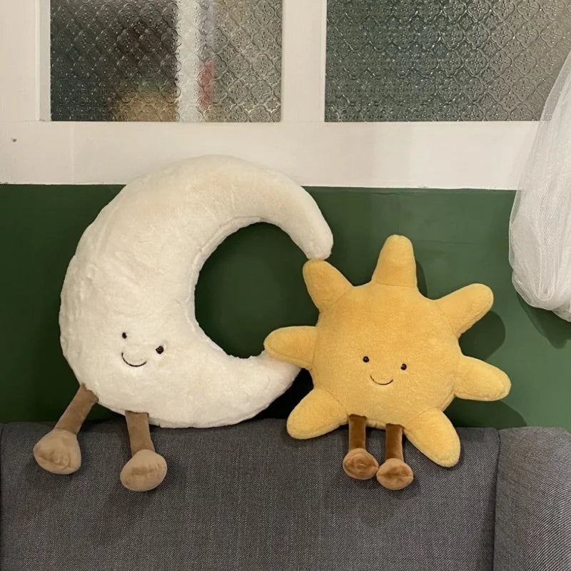 Adorable Smile Face White Moon Yellow Sun Plushie Stuffed Cute Cartoon Weather Plush Toy for Kid Bedroom Decor Sofa Throw Pillow