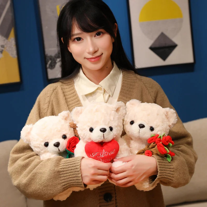 Valentine's Day Teddy Bear Soft Plush Toy Rose Flower Hats Love Heart Brown Bear Stuffed Plushies Animal Gifts For Girls