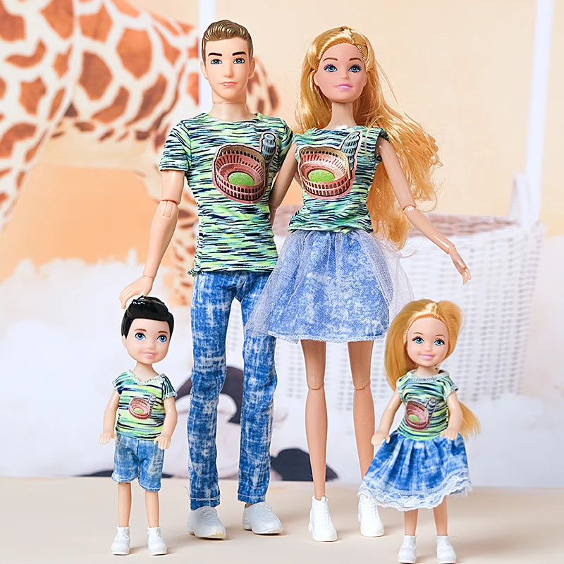 1/6 Barbi Doll Toy Family Doll Set of 4 People Mom Dad Kids 30cm Barbies Doll Full Set With Clothes for Education Birthday Gift