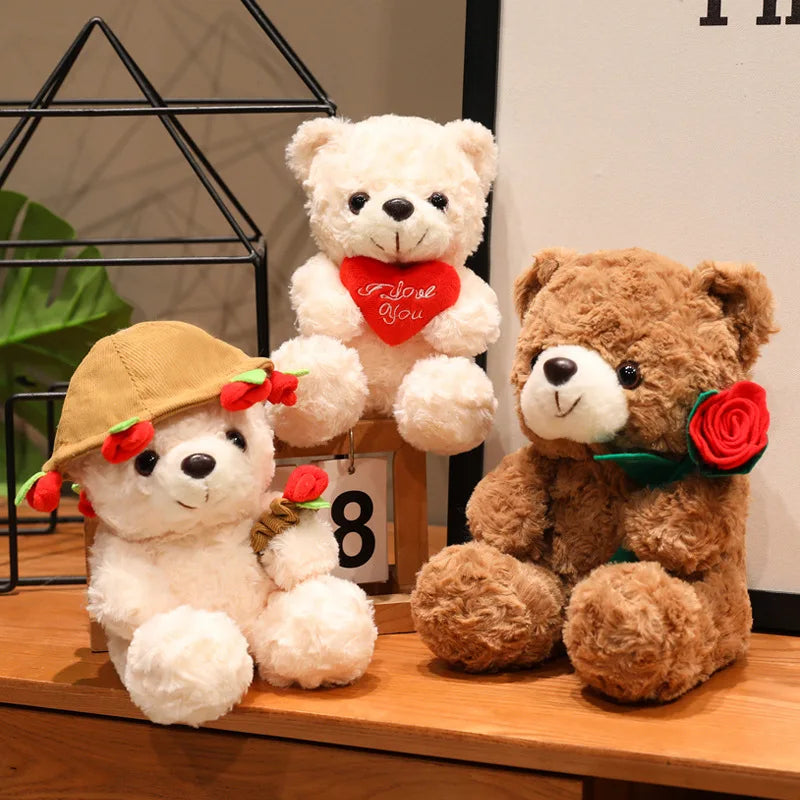 Valentine's Day Teddy Bear Soft Plush Toy Rose Flower Hats Love Heart Brown Bear Stuffed Plushies Animal Gifts For Girls