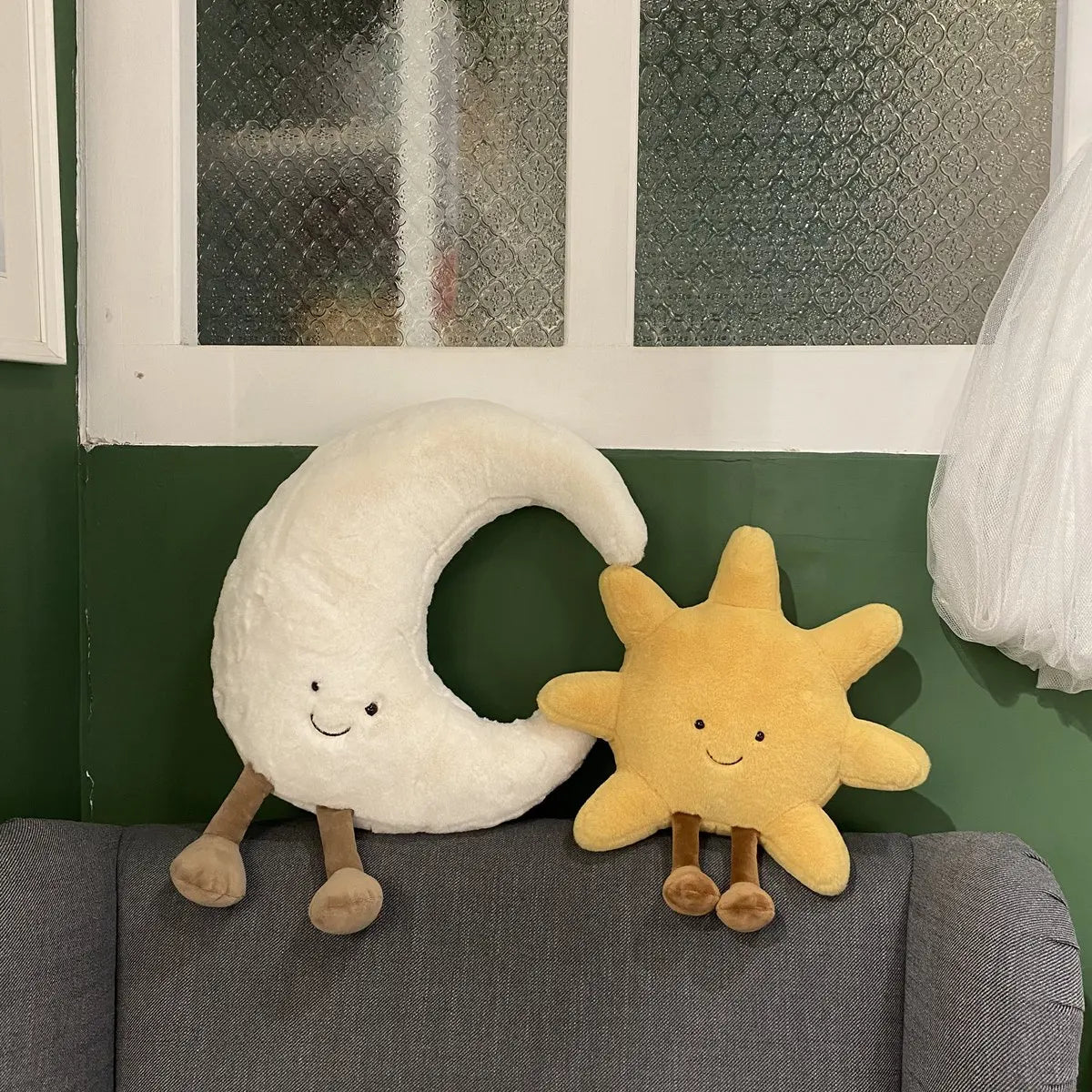 Adorable Smile Face White Moon Yellow Sun Plushie Stuffed Cute Cartoon Weather Plush Toy for Kid Bedroom Decor Sofa Throw Pillow
