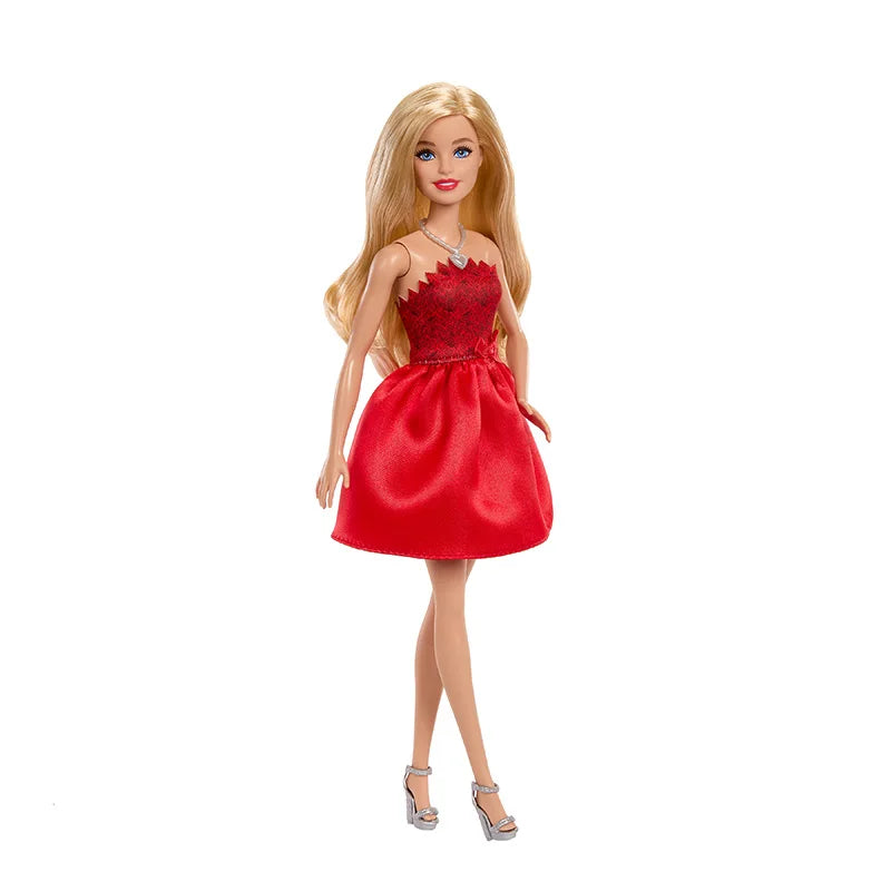Original Barbie 80th Anniversary Celebration Fashionistas Doll Ruby-Red Dress Blonde Red with Silvery Shoes & Necklace Toys Girl
