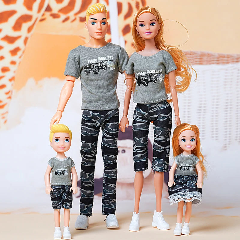1/6 Barbi Doll Toy Family Doll Set of 4 People Mom Dad Kids 30cm Barbies Doll Full Set With Clothes for Education Birthday Gift