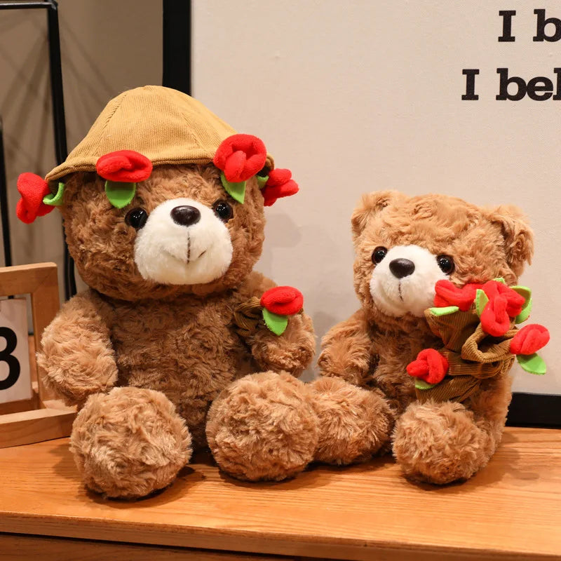 Valentine's Day Teddy Bear Soft Plush Toy Rose Flower Hats Love Heart Brown Bear Stuffed Plushies Animal Gifts For Girls