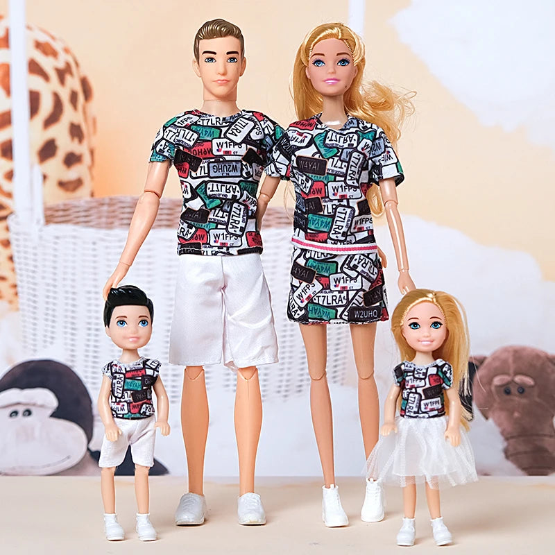 1/6 Barbi Doll Toy Family Doll Set of 4 People Mom Dad Kids 30cm Barbies Doll Full Set With Clothes for Education Birthday Gift