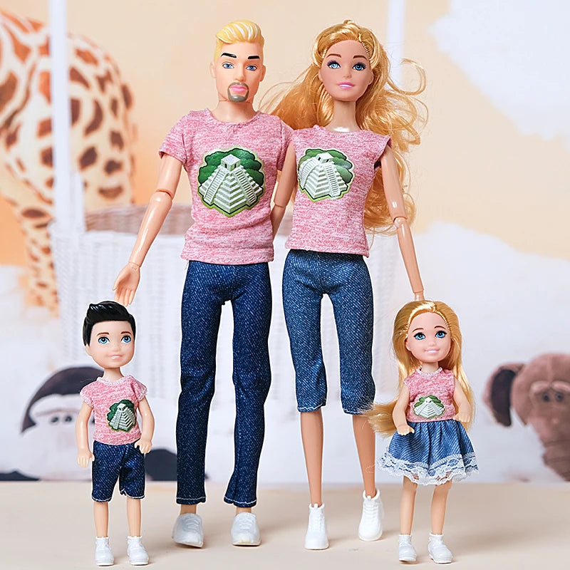 1/6 Barbi Doll Toy Family Doll Set of 4 People Mom Dad Kids 30cm Barbies Doll Full Set With Clothes for Education Birthday Gift