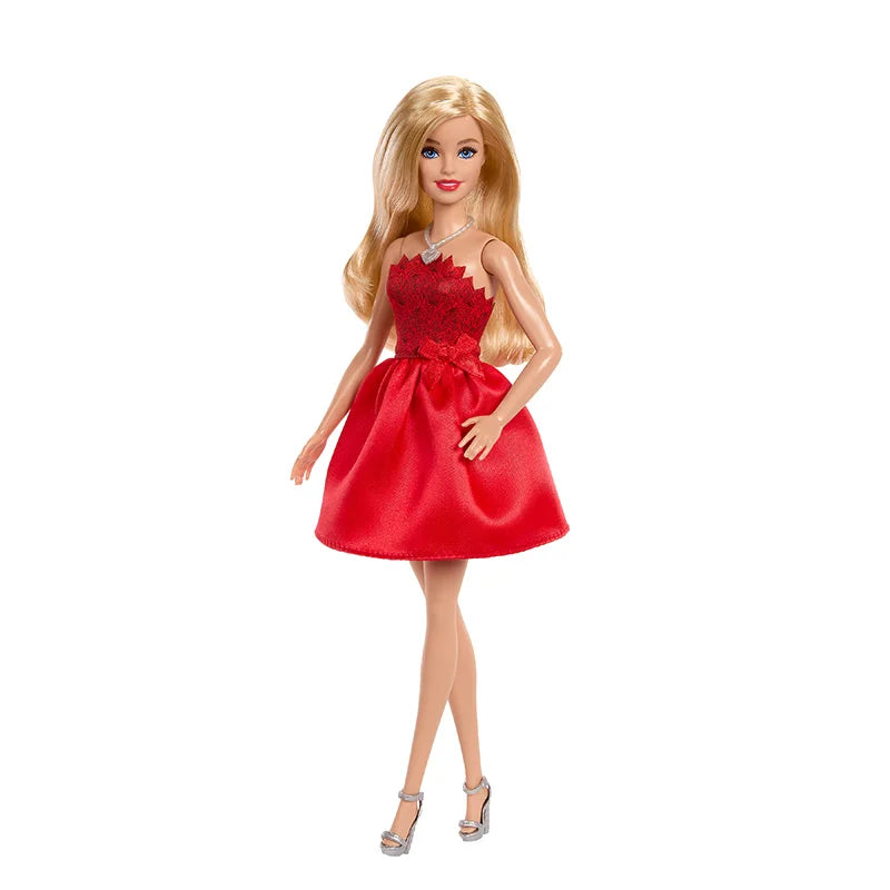 Original Barbie 80th Anniversary Celebration Fashionistas Doll Ruby-Red Dress Blonde Red with Silvery Shoes & Necklace Toys Girl