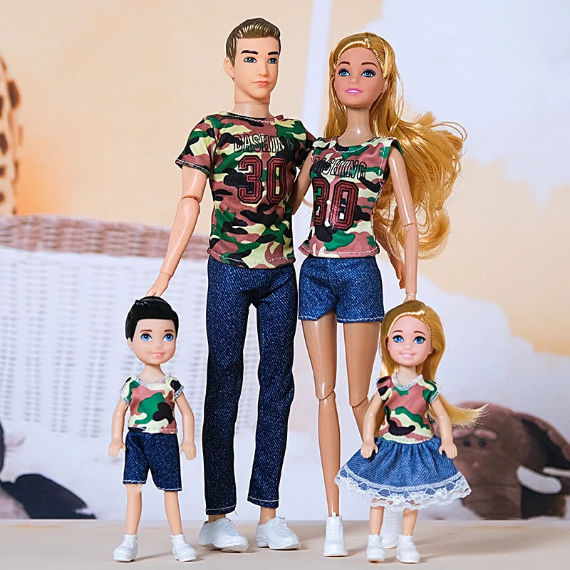 1/6 Barbi Doll Toy Family Doll Set of 4 People Mom Dad Kids 30cm Barbies Doll Full Set With Clothes for Education Birthday Gift