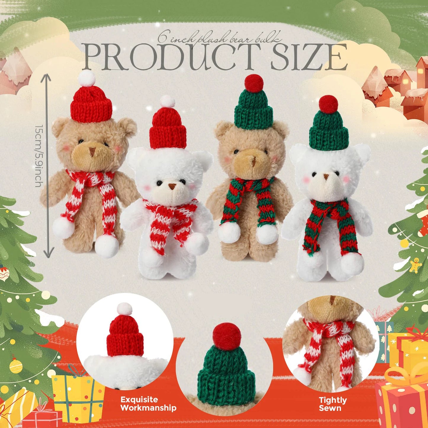 Christmas Stuffed Animal Bear Christmas Small Plush Cute Bear Stuffed Animals Xmas Toys for Birthday Decorations Party Favors