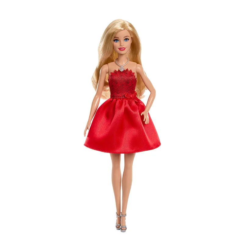Original Barbie 80th Anniversary Celebration Fashionistas Doll Ruby-Red Dress Blonde Red with Silvery Shoes & Necklace Toys Girl