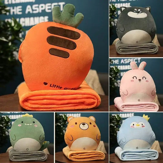 Cute 3-in-1 plush hand warmer bag cartoon animal pillow blanket car interior cushion multifunctional nap blanket