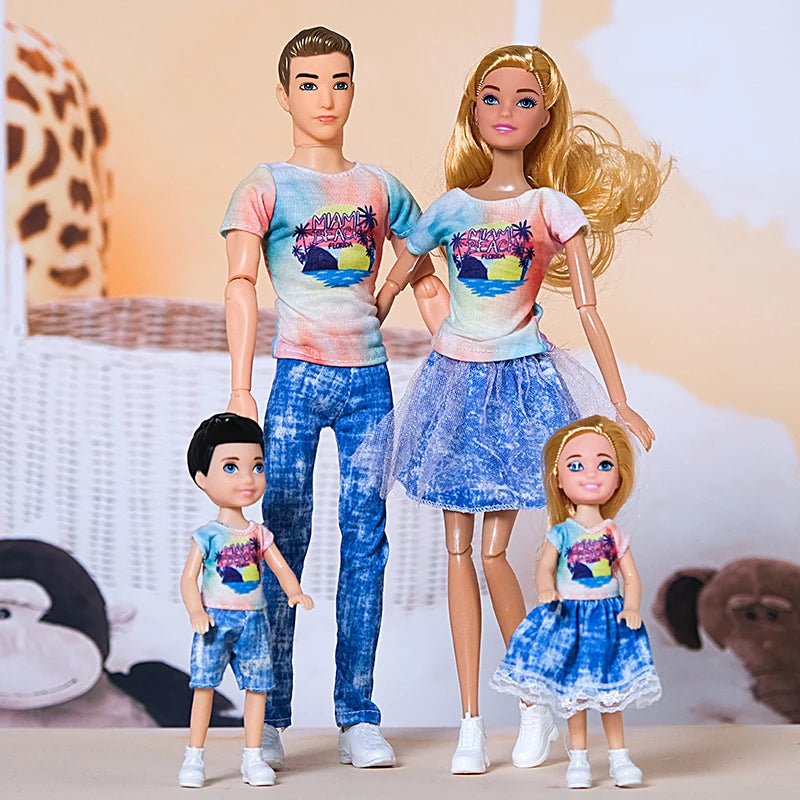 1/6 Barbi Doll Toy Family Doll Set of 4 People Mom Dad Kids 30cm Barbies Doll Full Set With Clothes for Education Birthday Gift