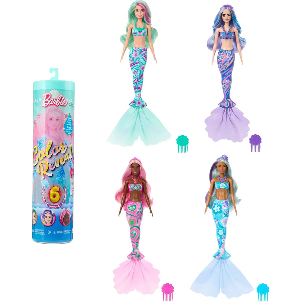 Mattel Barbie Color Reveal Mermaid Series 11.5 Inch Doll and Accessories with 6 Surprises, Color Change Hair, Gift for Kids