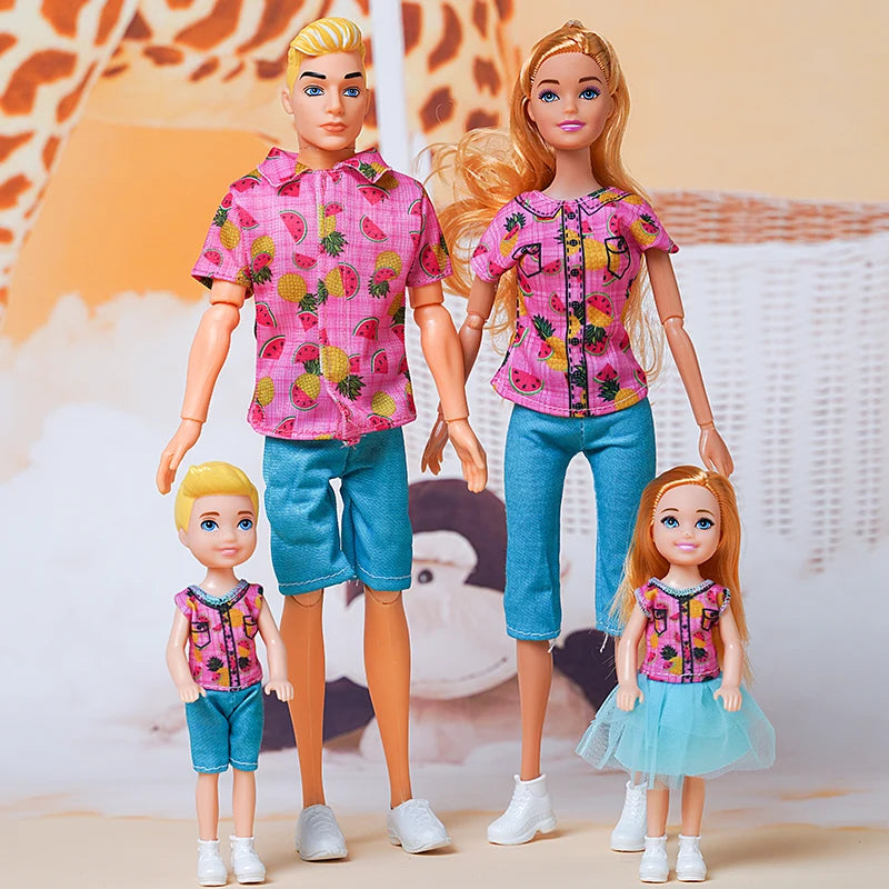 1/6 Barbi Doll Toy Family Doll Set of 4 People Mom Dad Kids 30cm Barbies Doll Full Set With Clothes for Education Birthday Gift